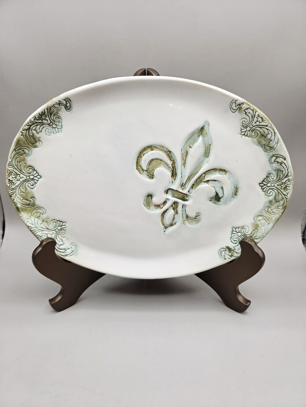 C.K. Pottery Oval Serving Tray with Raised Fleur-De-Lis in White & Green
